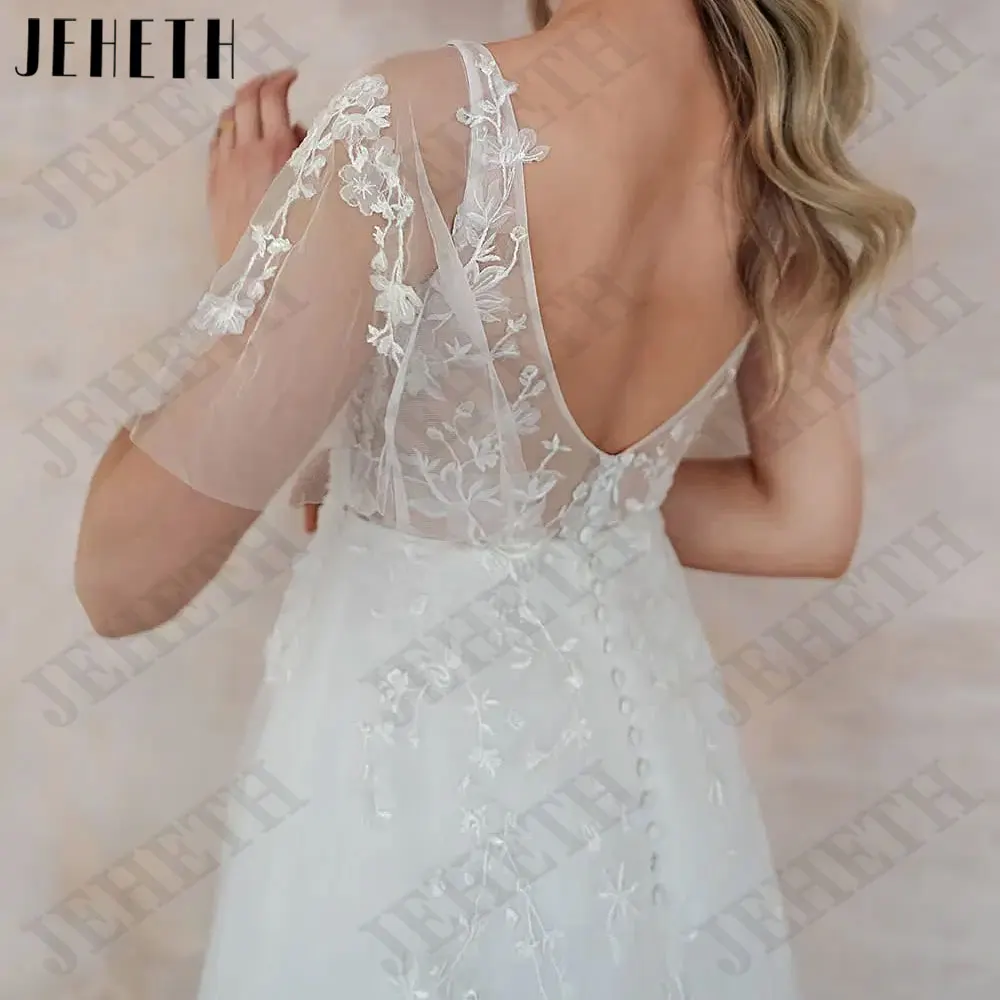 JEHETH Batwing Sleeve Appliques Wedding Dresses V-Neck Backless Bride Gown Button A-Line Tulle свадебное платье Custom Made 2024