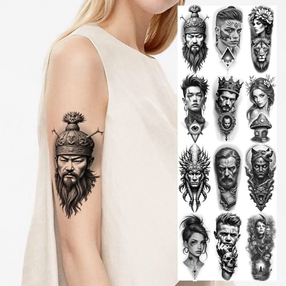 

12pcs Temporary Tattoo Statue Busts Black And Grey Realism Samurai Fantasy Creatures Waterproof Long-lasting Body Stickers For