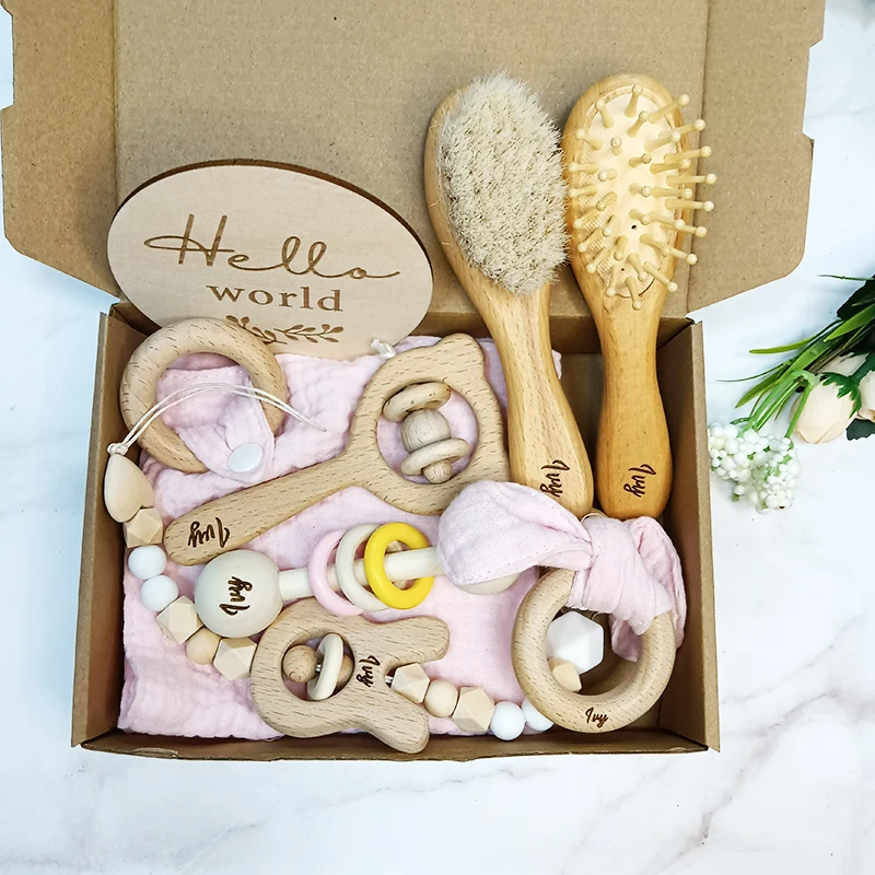 8pcs Custom Name Newborn Bath Toy Gift Set 0-12 Months Old Baby Rattle Bracelet Bibs Photography Supplies Birth Gift