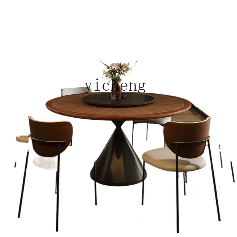 

round table solid wood texture round rock slab dining table household high-end with turntable
