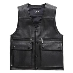 Large piece Genuine Leather Motorcycle Vest Mens Real Cowhide Leather Waistcoat Bikers Vest sleeveless jacket clothing chaleco