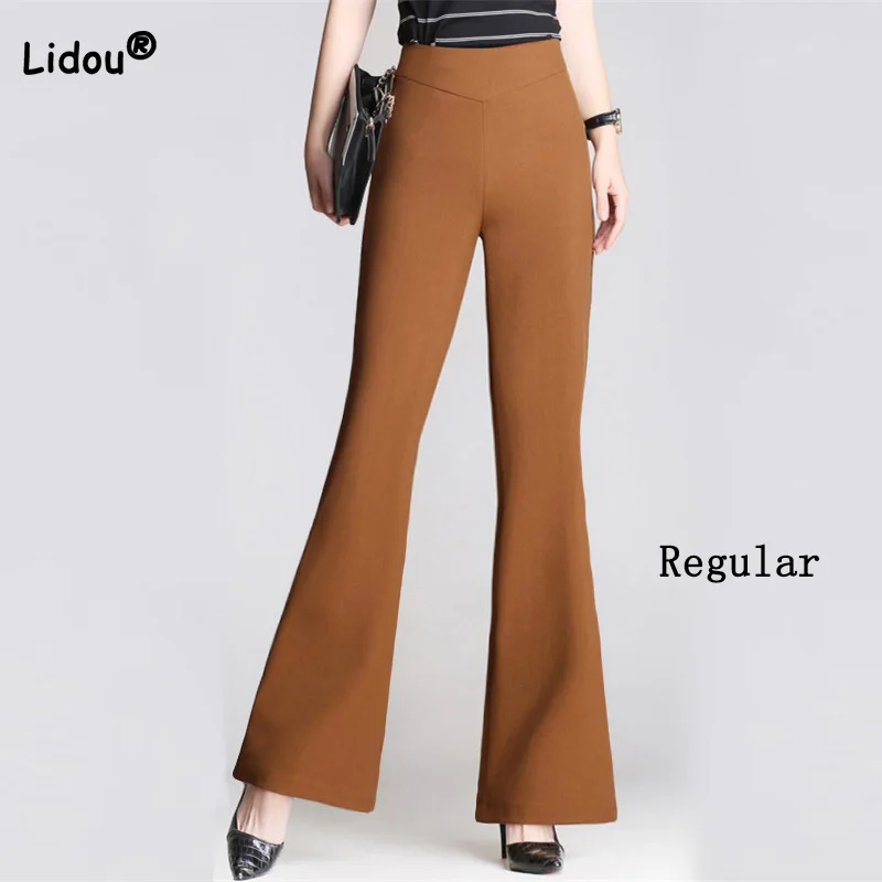 

2022 Spring Autumn New Office Lady Elastic Waist Lengthening Pants Women Caramel Black Drape Casual Micro Flare Regular Trousers