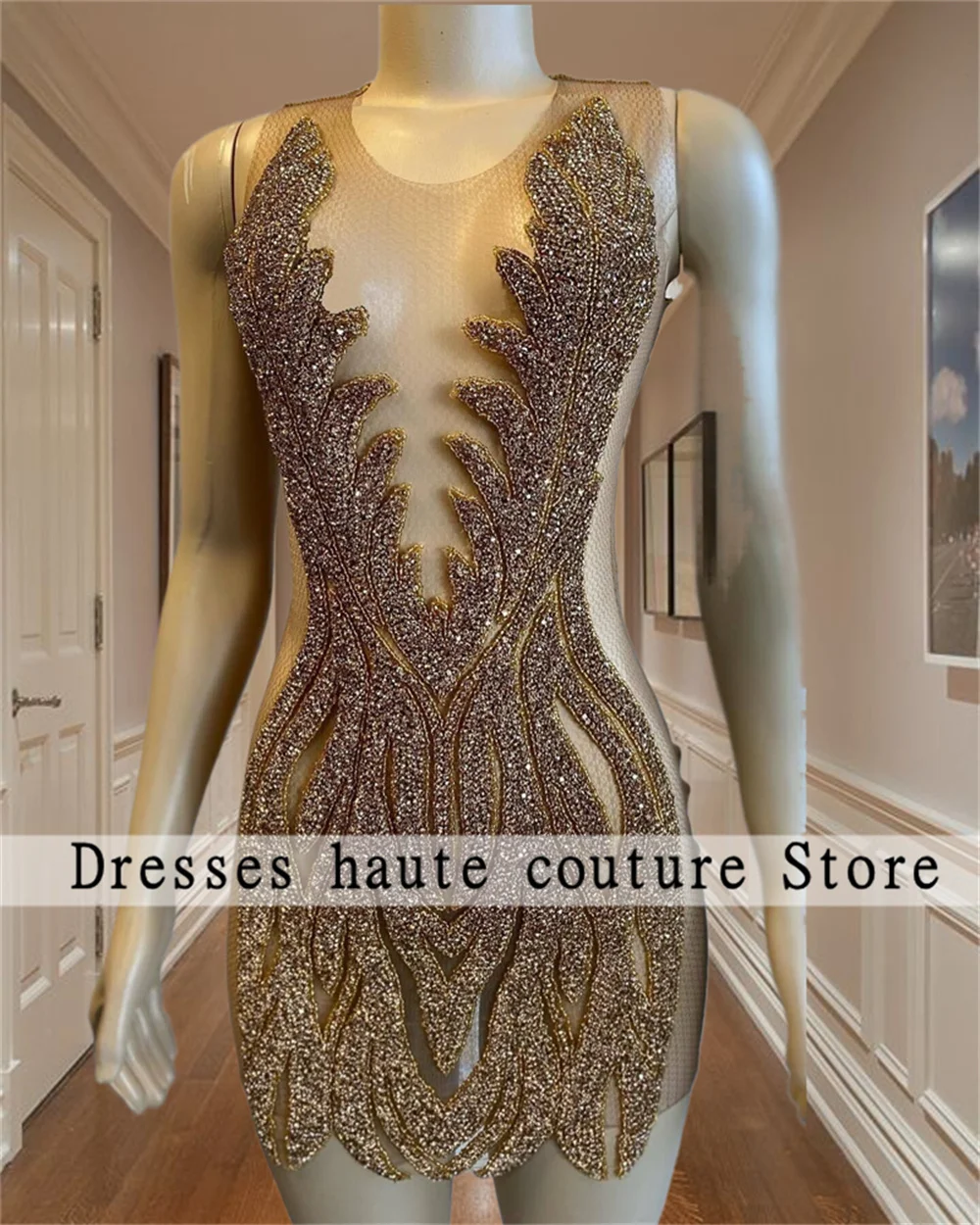 Sparkly Gold Crystals Rhinestones Short Prom Dress 2025 Glitter Bead Mini Cocktail Dress Customized Homecoming Dress