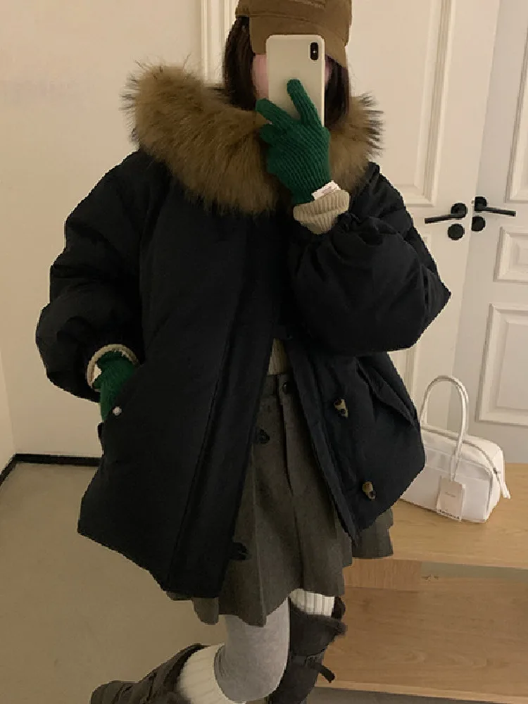 الرجعية الشتاء المرأة أسفل Jaet مقنعين الفراء طوق زر تصميم ثي الدافئة طويلة Sve منتصف طول معطف الأبيض Du أسفل