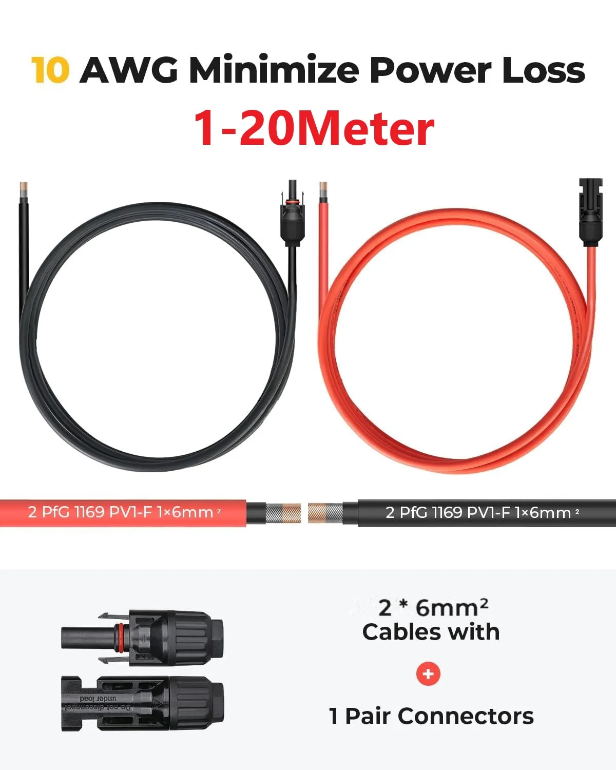 PowMr Solar Panel Kits with PV Connector 1-20m Cable 6mm2 Black/Red Solar Extension DC Cable 10AWG Wire Used Solar Panel System