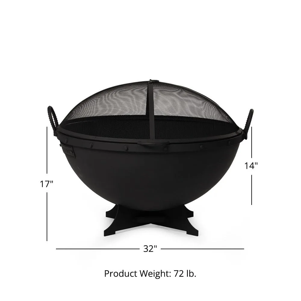 Ash & Ember 32in Hemisphere Fire Pit with Screen and Poker, Cast Iron High-Temperature Black Paint Fire Bowl, Wood