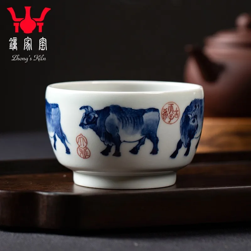 Zhongjia Kiln Kung Fu Tea Cup Jingdezhen Blue and White Wood Kiln Purely Handmade Ceramics Tea Cup Single Cup Wu Niu Tu Tea Cup