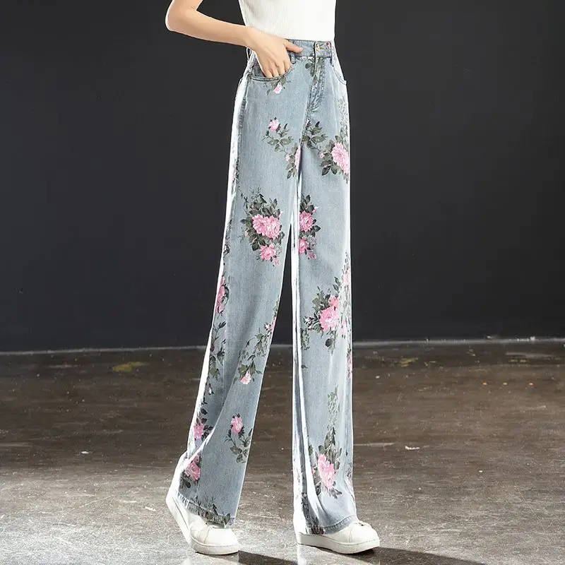 Jeans de perna larga para mulheres, estampa floral, botão, bolso com zíper, casual e fino, calça reta solta, pintura nova e versátil, moda para o verão