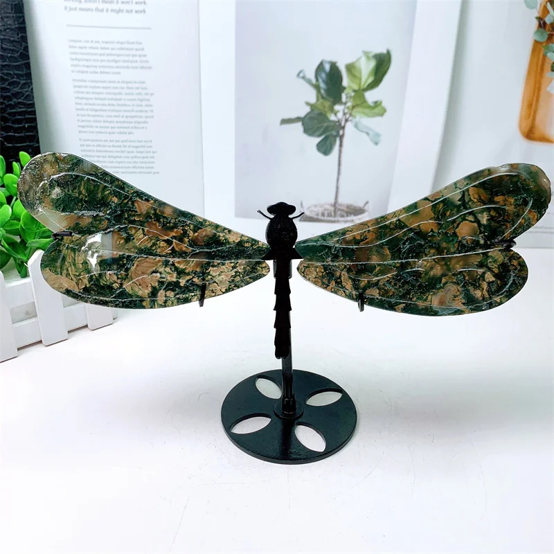 

Natural Moss Agate Dragonfly Wings with Stand Energy Gemstone, Healing Crystal Stone, Home Decoration Gift, 1Pair