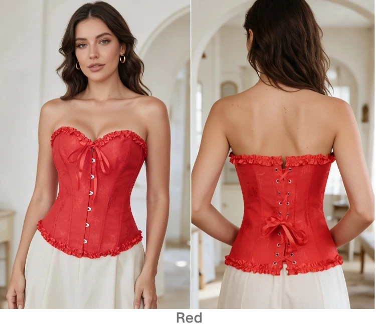Damen Vintage Jacquard Korsett-Top, trägerlos, mit Rüschen vorne, Busk-Rücken, Schnürung, 20 Farben, für Feiertage, Partys und Abendgarderobe – Detail 18