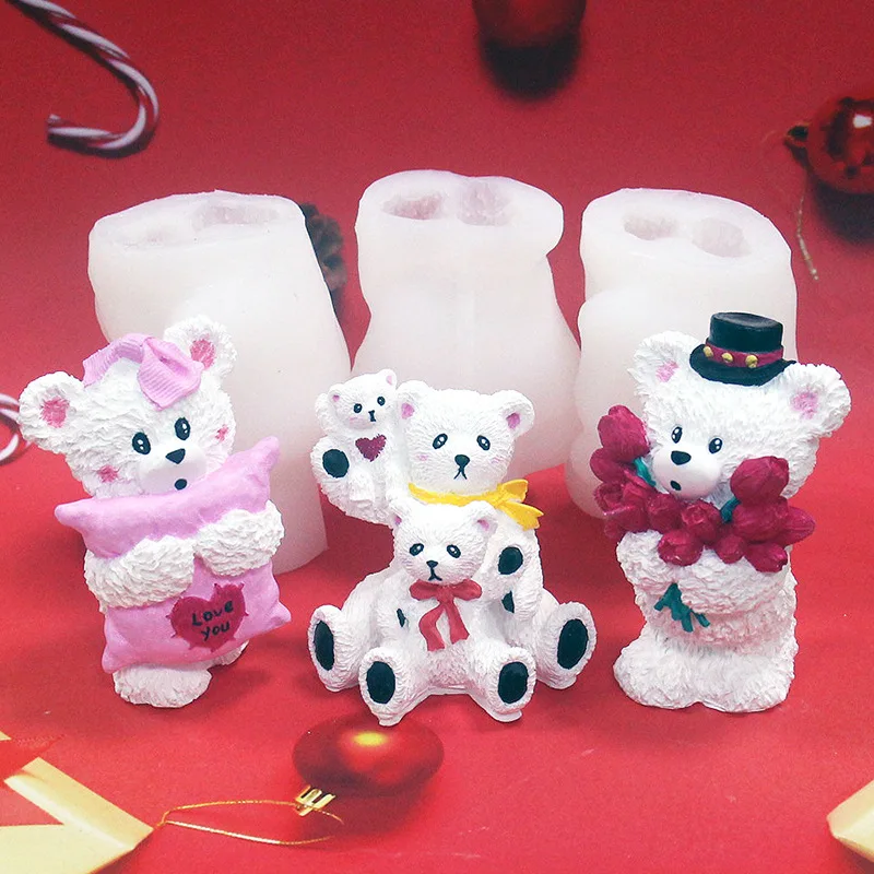 Snowman Gift Holding Flower Bear Gypsum Silicone Mold Frozen Ice Block Beverage Chocolate Dropping Gel Silicone Mold