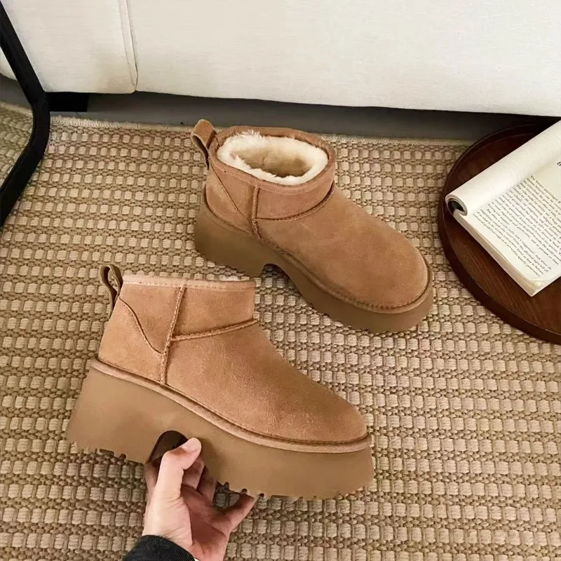 2025 New Women's Winter Boots Mermaid Thick Soled High-heeled Snow Boots for Women Cowhide and Wool Integrated Cotton Shoes