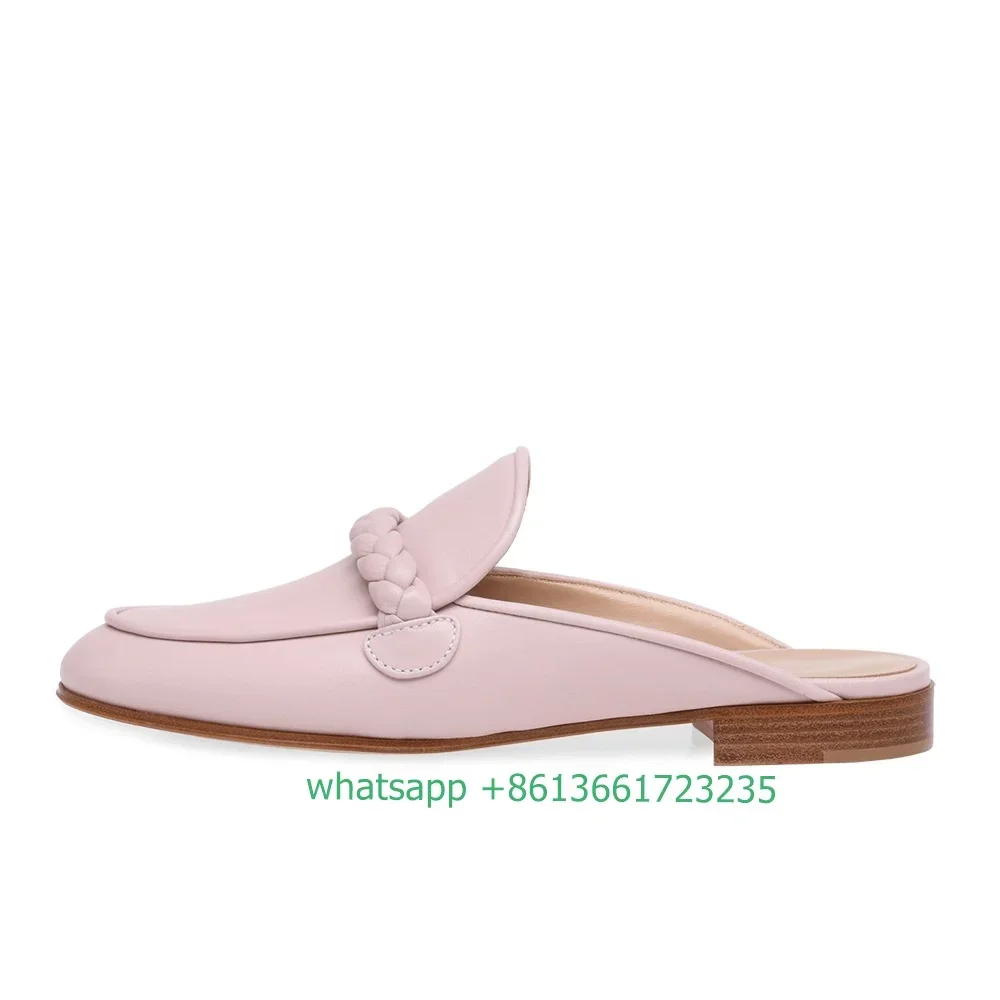 Black/pink PU Flat Slippers Slip On Weave Round Toe Shoes Outside Fashion Simple Women Flat Sandals 2025 Summer New Comfy Shoes