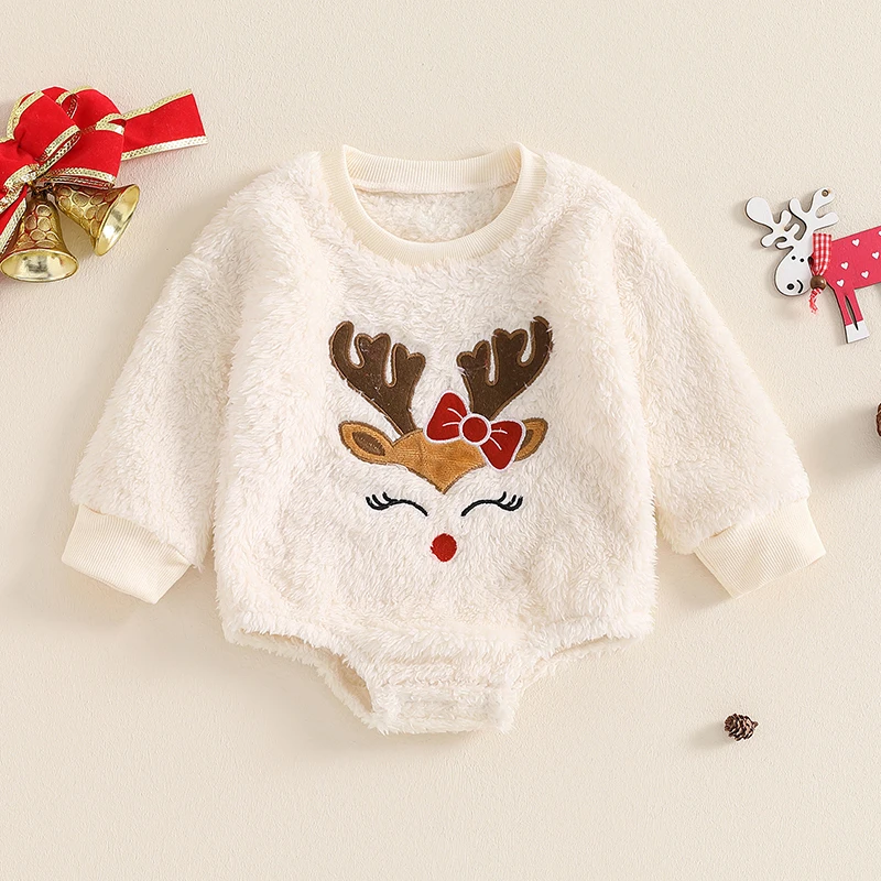 VISgogo Baby Girl Boys Christmas Fleece Bodysuits Elk Embroidered Round Neck Long Sleeve Romper Adorable Fall Winter Clothes