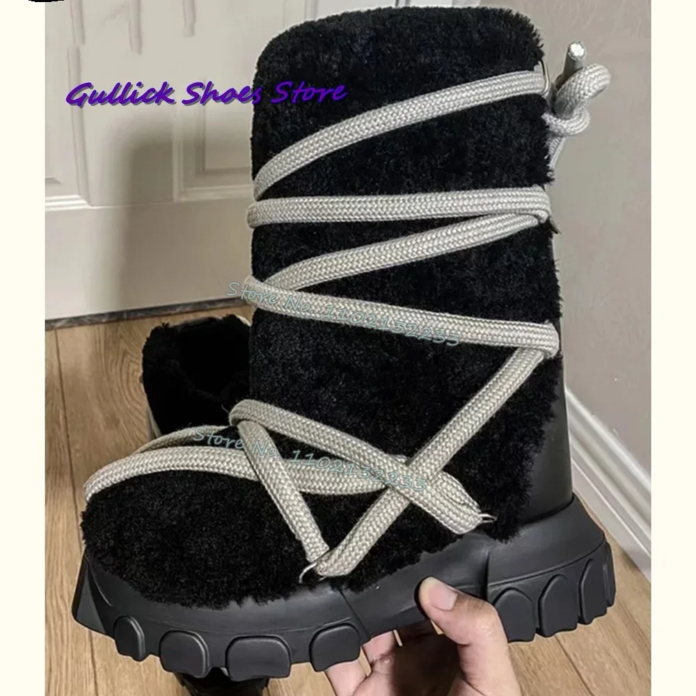 Women Black Plush Thick Sole Snow Boots Fur Cross Strap Man Winter Fashion Warm Dress Daily Black New Women Outwear Shoes