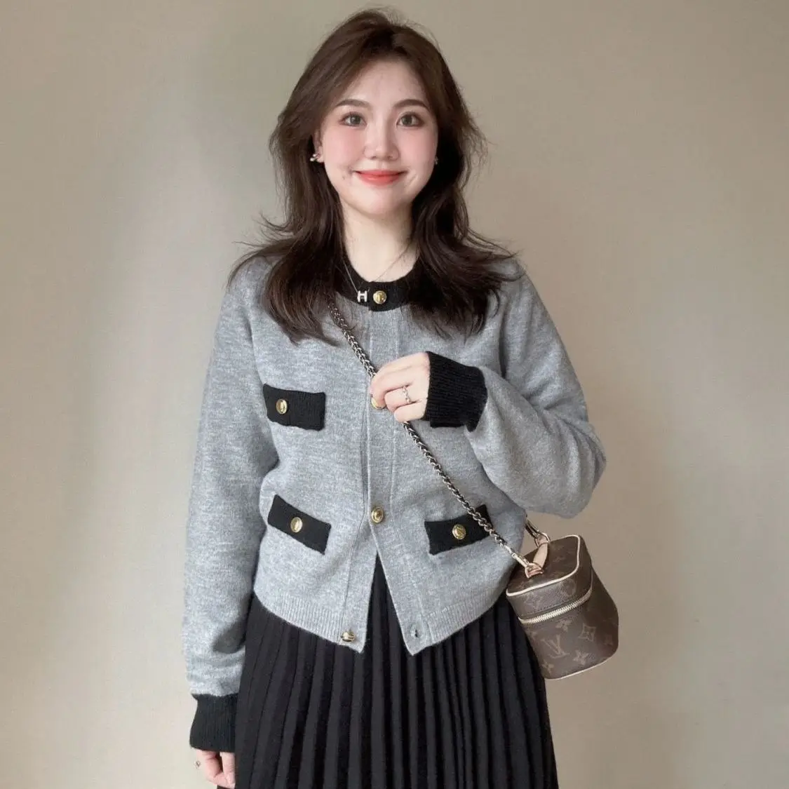 French Elegance Office Lady Short Jacket Full Sleeve Knitted Cardigan Women Autumn New Gray Outer Top Sweater Coat Korean Style