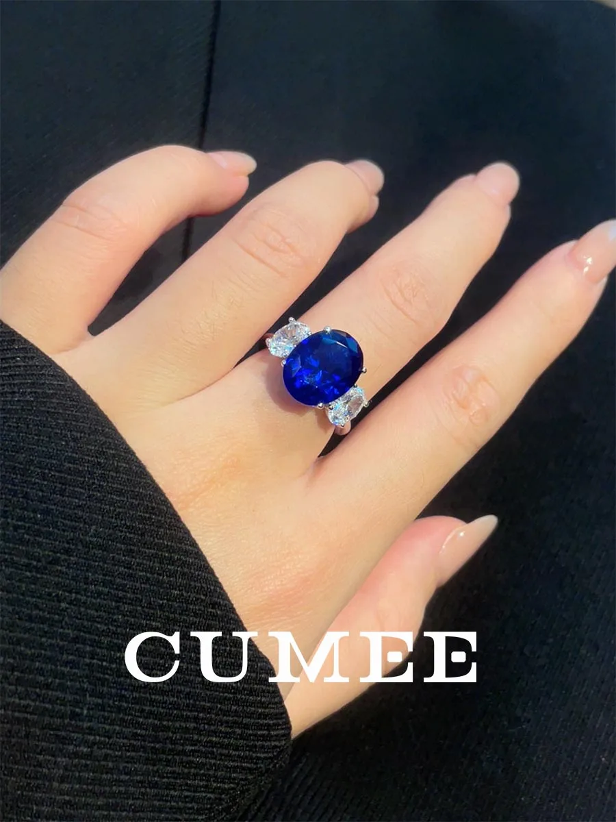 Classic Three Stone Large Carat High-quality Cultivated Synthetic Sapphire Ring for Women Silver Plating Gold Cubic Zircon