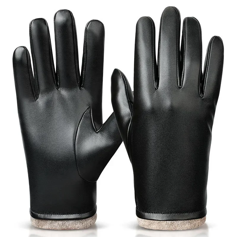 

Men Sheepskin Winter Fashion Gloves Nappa Leather Cashmere Touch Screen Warm Button Black Motorcycle Driving Windproof Gloves