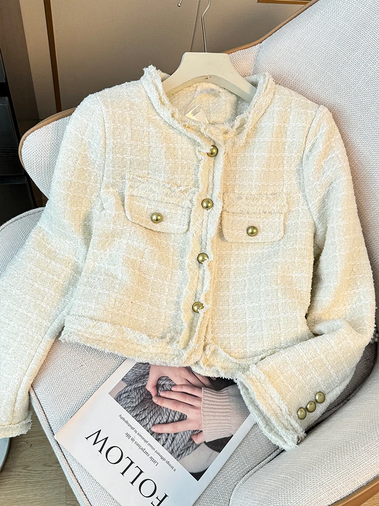 

Ladies Short Coat Jacket Fine Tweed Spring Autumn Winter New Arrival High Fashion Small Size Top round Neck Full Sleeve