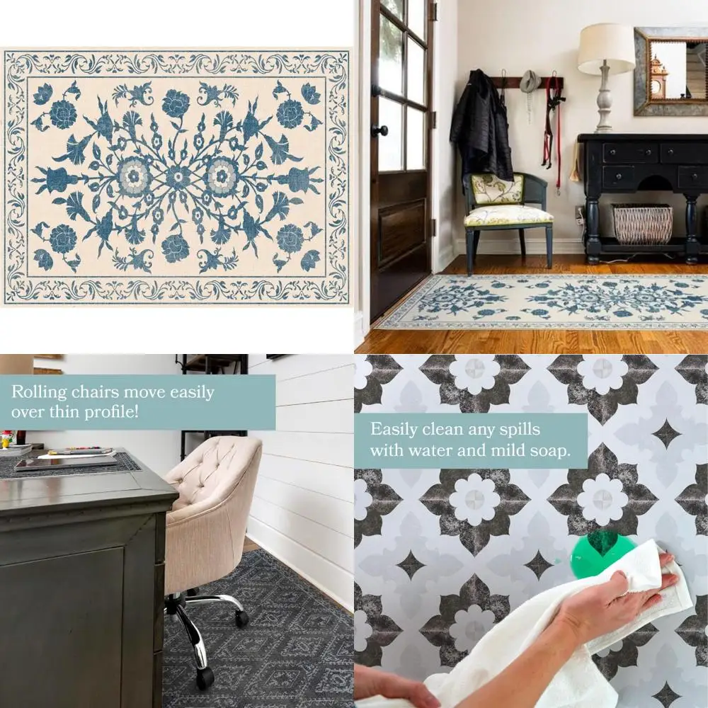 

Vintage Eco-Friendly Non-Slip Vinyl Rug | Amelia Style | Waterproof Decorative Mat | Black