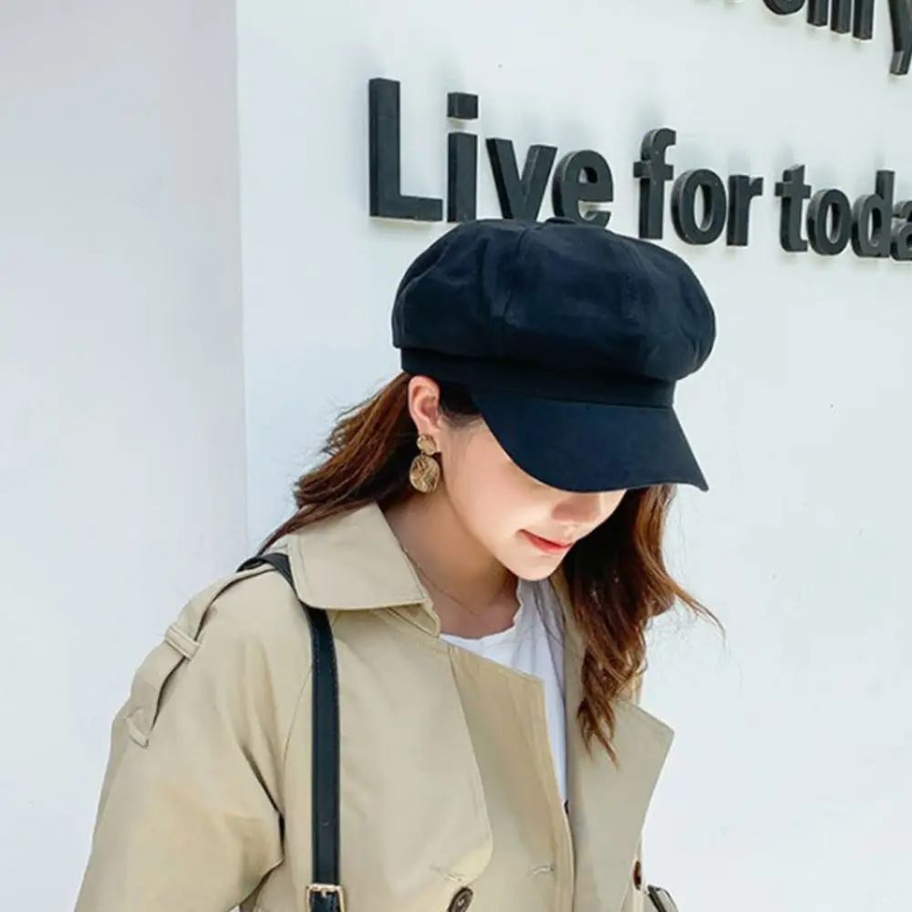 Topi pelukis katun dan Linen hangat, topi baret oktagonal versi Korea musim gugur dan musim dingin wanita