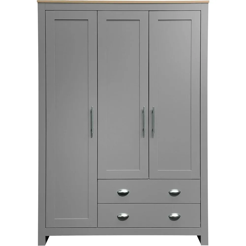 3 Doors Grey Wood Wardrobe Cabinets, Bedroom Accent Armoire Closet Organizer with Big Drawers, Hanging Rails and Shelve