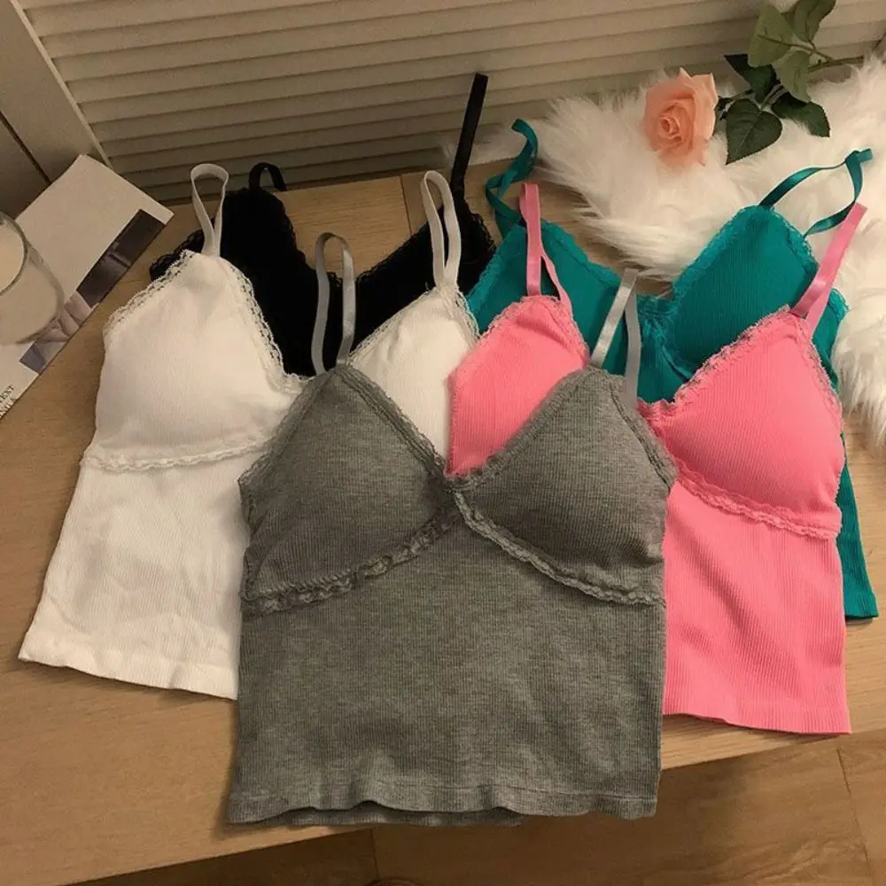 High Quality Cotton Lace Camisole Breathable Solid Color Crop Top Lace Trim Push Up Bra
