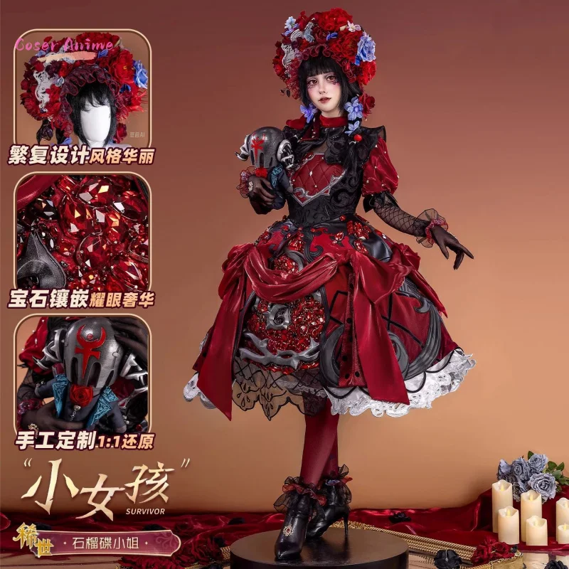 

Identity V Little Girl Miss Pomegranate Plate Cosplay Costume Dress Uniform Headwear Glasses Memory Halloween for Women Men Prop