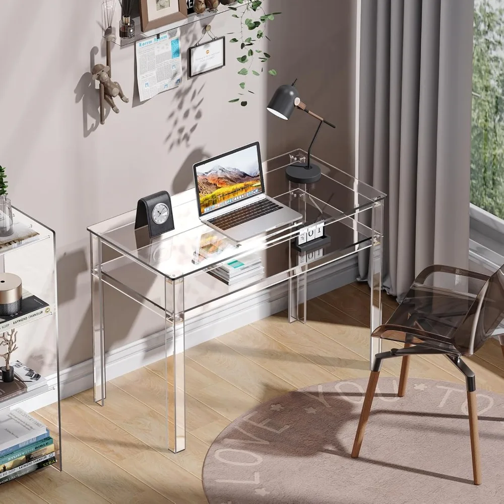 Clear Acrylic Desk with Open Storage, Home Office Computer Writing Desk Office Study Table