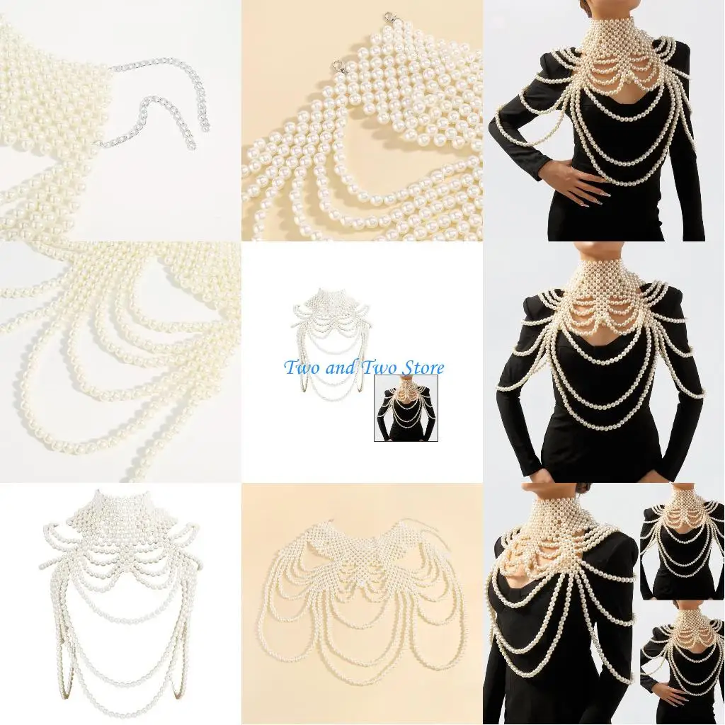 

HX6F Body Chain for Woman Necklace with White Pearl Summer Seaside Body Decors