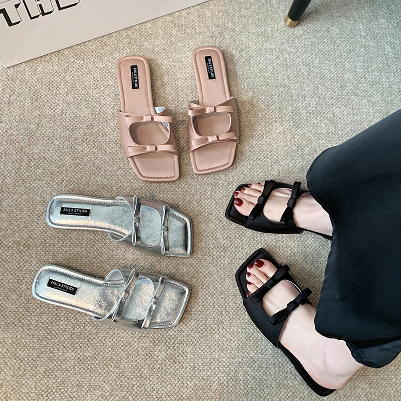 

Womens Silver Bow Knot Square Toe Slide Sandals Open Toe Flat Slippers Comfortable Non Slip Summer Beach Daily Wear Casual