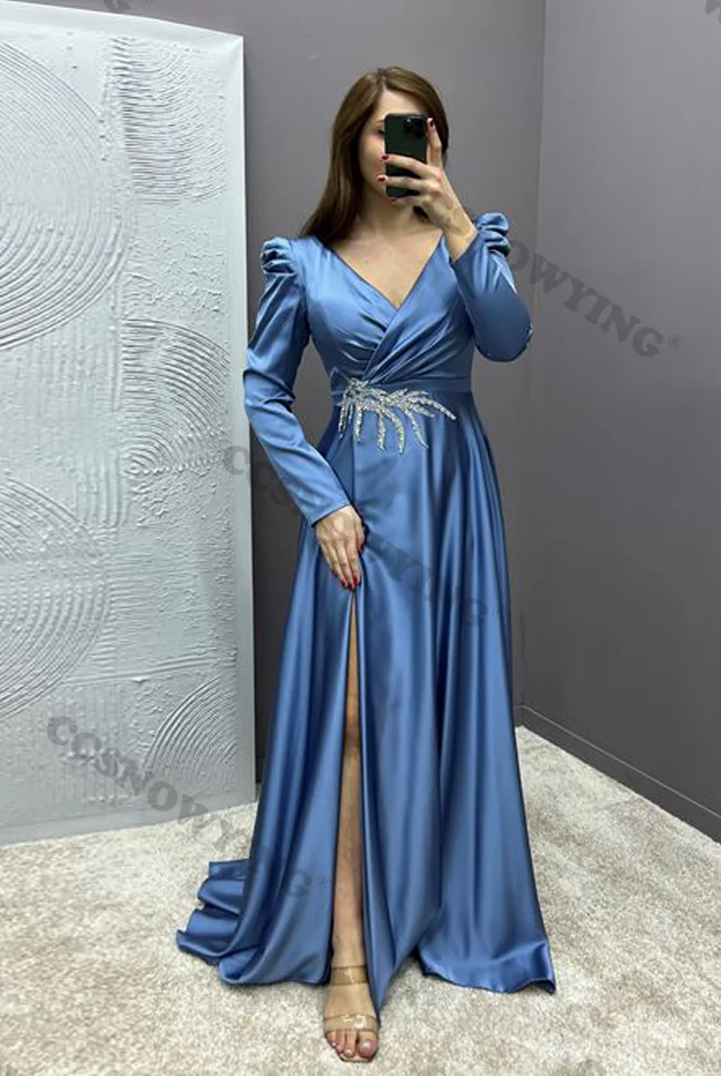 

Long Sleeve V Neck Prom Dress Satin Appliques Beaded with Slit Evening Formal Party Gowns Women Robe De Soiree