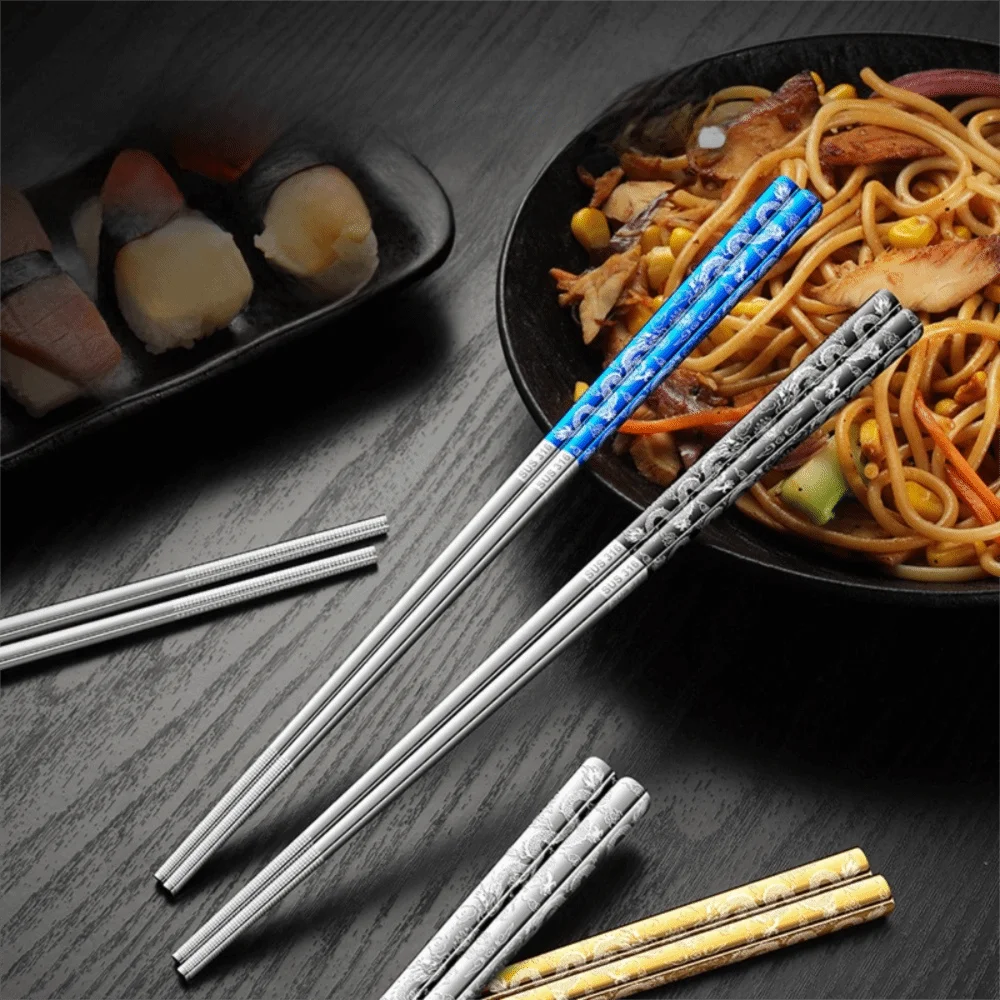 

5 Pairs Non-Slip Stainless Steel Dragon Patter Chopsticks Mold-resistant Rust-proof Chinese Chopsticks Dishwasher Safe
