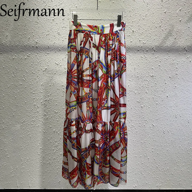 Seifrmann Casual printed silk skirt with waist and versatile long skirt 2026 autumn fashion women's new style