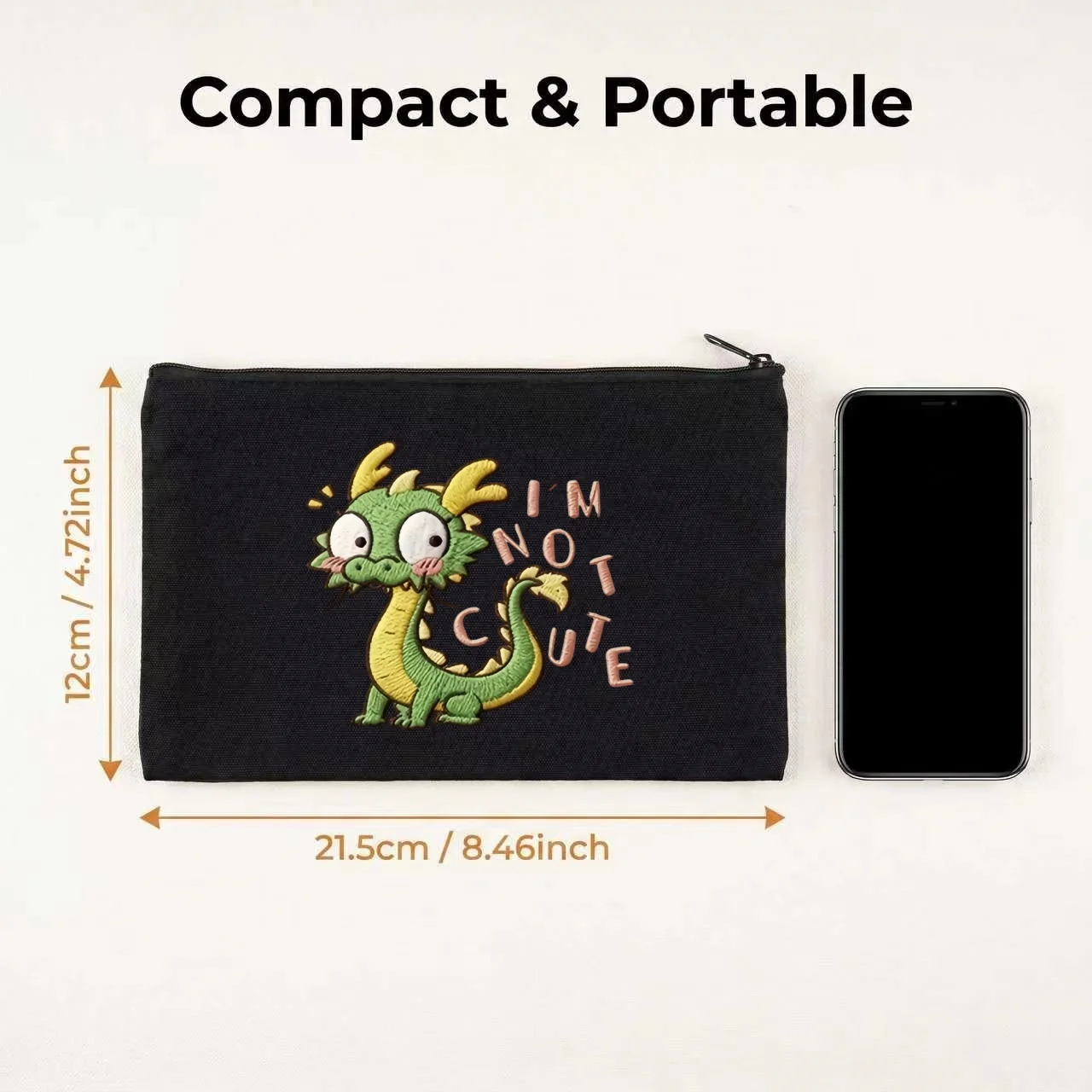 1PC Cartoon Blush Little Dragon Funny Slogan Print Makeup Bag Double Sided Canvas Daily Storage Organizer