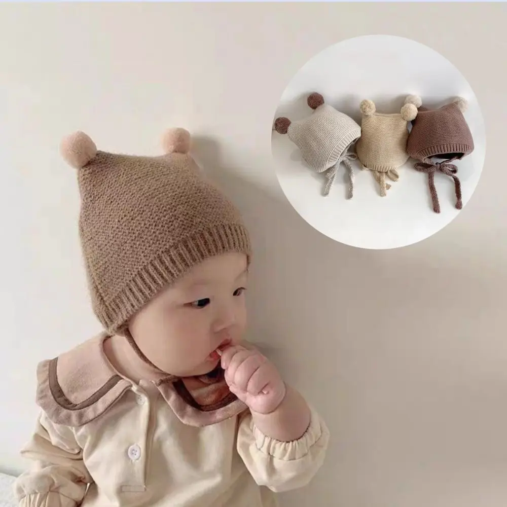 

New Korean Baby Ear Protection Hat Winter Warm 2-24 Months Infant Bonnet Woolen Crochet Double Ball Kids Beanie