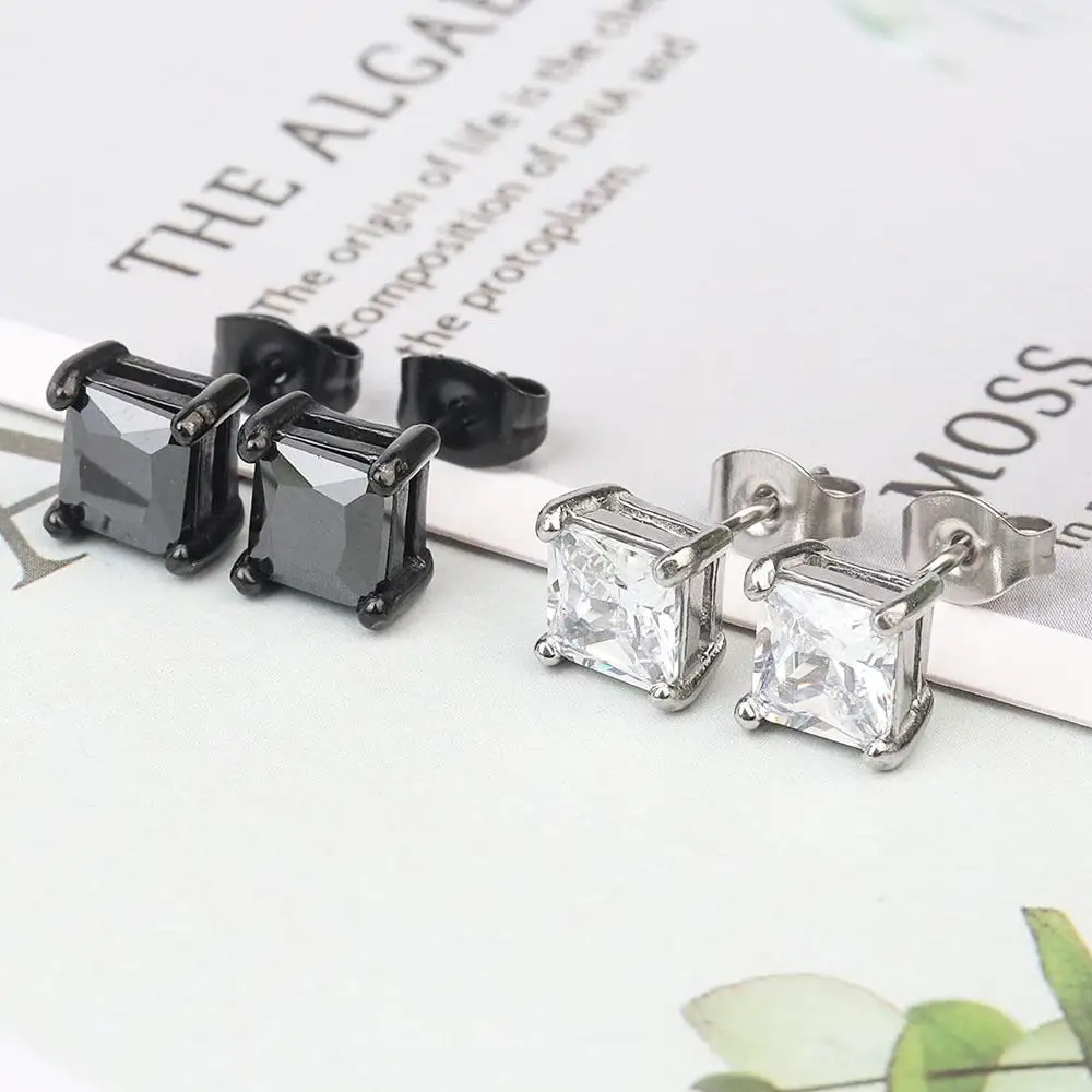 1/12 Pairs Hypoallergenic Stainless Steel Inlaid Cubic Zirconia Round Square Stud Earrings Set for Women Men Silver Black Tone