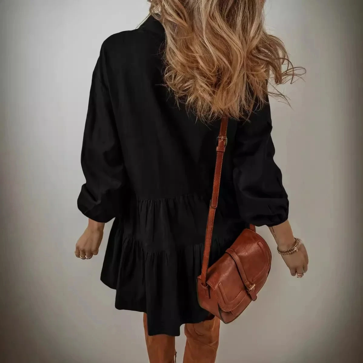 2024 New Fashion Women Mini Dress Casual Loose Button Long Sleeve Ruffles Patchwork Dress Elegant Autumn Solid Short Dresses