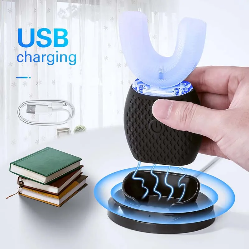 فرشاة أسنان كهربائية من السيليكون سونيك على شكل حرف U، فرشاة أسنان أوتوماتيكية لتنظيف الفم بزاوية 360 درجة، ضوء أزرق بارد #6