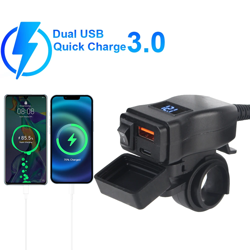 Pd pport ชาร์จเร็ว3.0โวลต์มิเตอร์รถจักรยานยนต์, ที่ชาร์จแบบเร็ว USB กับมือถือกันน้ำขั้วต่อหลอดไฟ LED