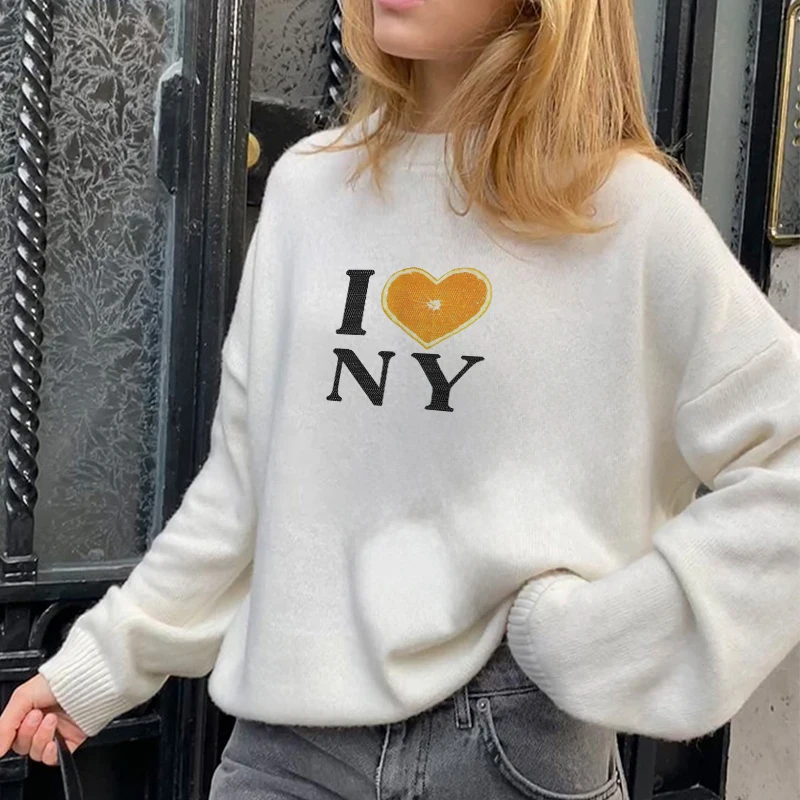 New White Women Knitted Sweater Letter Pattern Loose Vintage O-neck Pullover Clothing Fashion Autumn Winter Long Sleeve Sweaters