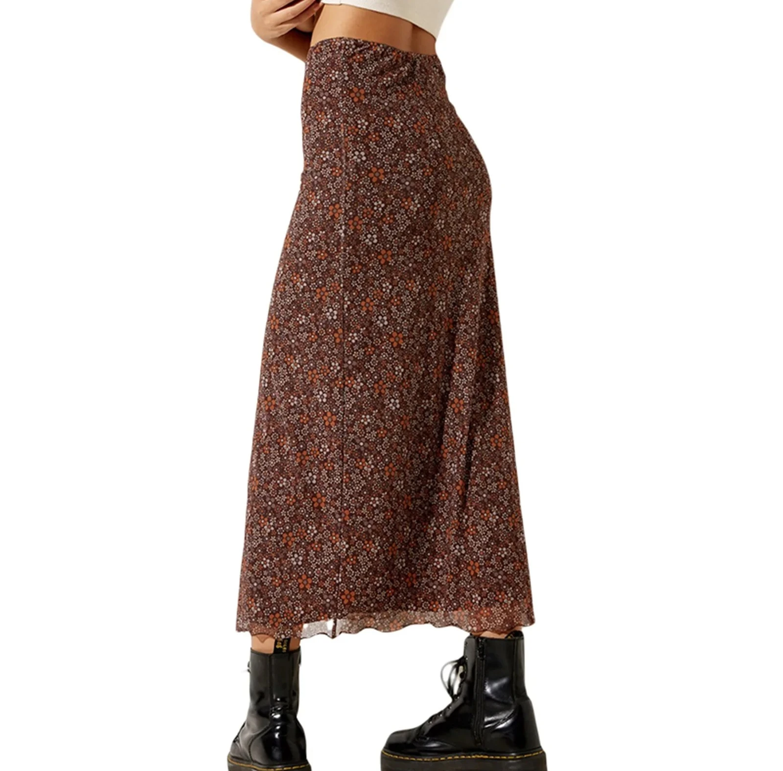 กระโปรงยาวลำลองของผู้หญิงกระโปรงเอวยางยืดพิมพ์ลายดอกไม้วินเทจเอวสูงเรียบง่ายสง่างาม