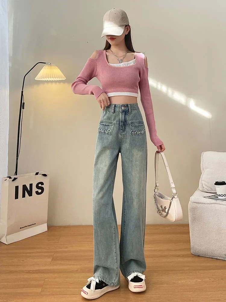 Letter Wide-Leg Jeans Summer Autumn Thin 2024 New High Waist Straight Mop Pants