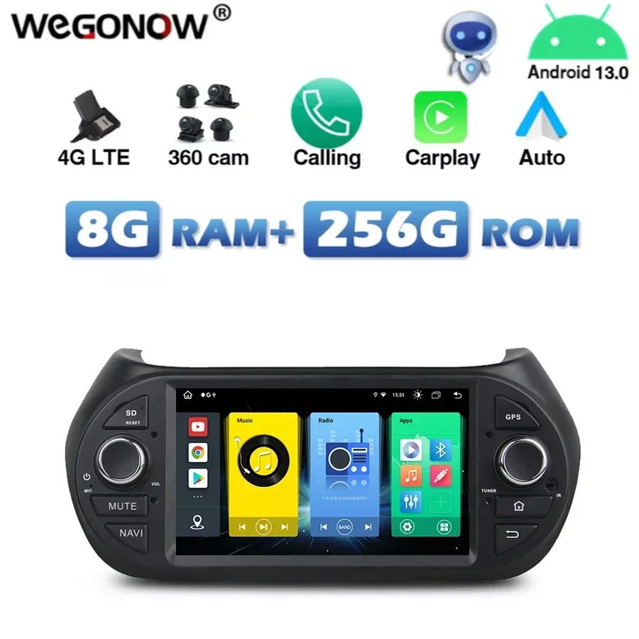 4G SIM Car DVD Player Carplay Android 13.0 8G+256G GPS Radio wifi Bluetooth For Fiat Fiorino Citroen Peugeot Bipper 2008-2015