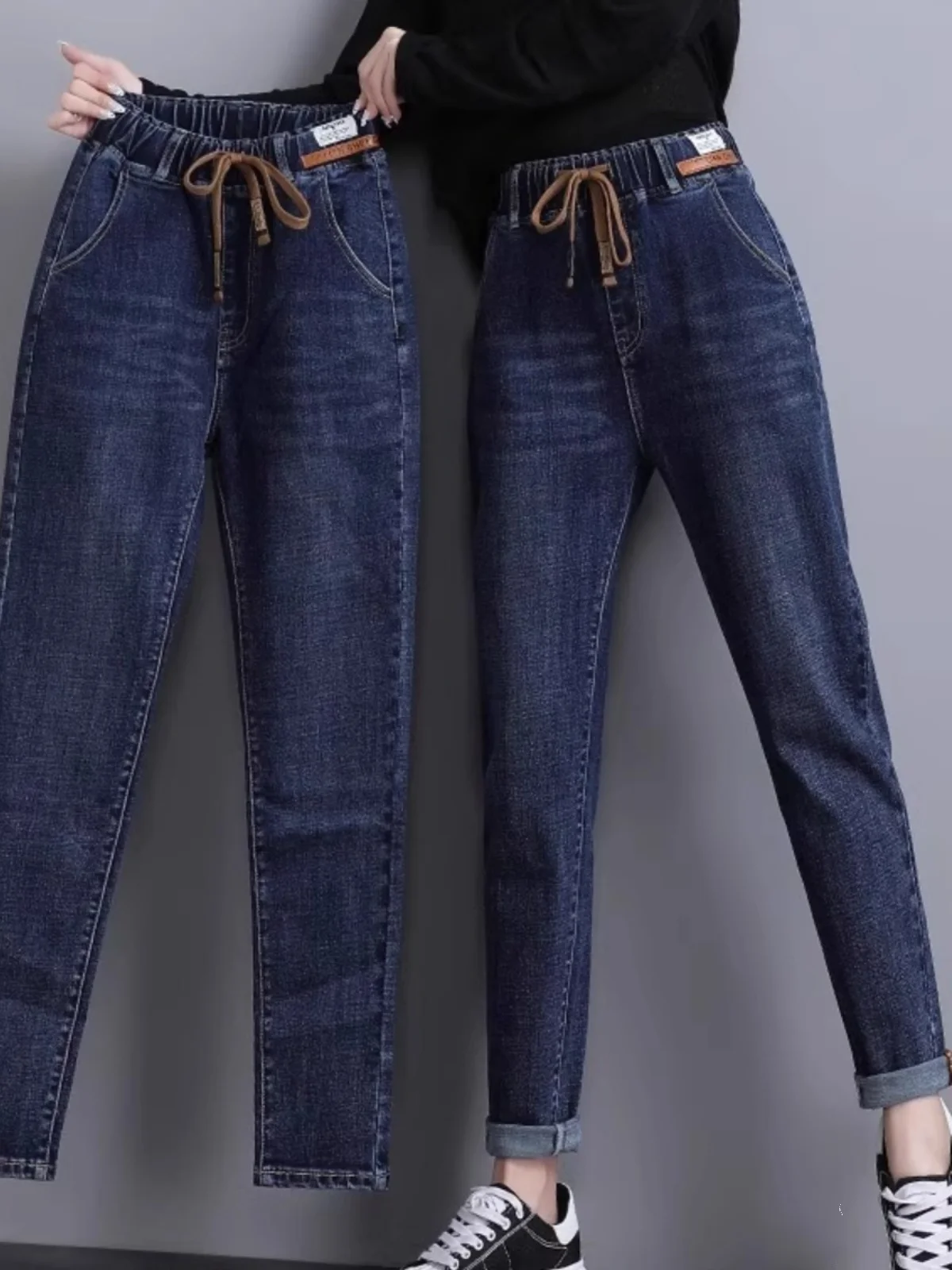 

Thiened Fce Women's Jeans Elastic Waist Straight Leg Harlan Sle Dad Pants High Waist Deep Color Four Seasons Universal