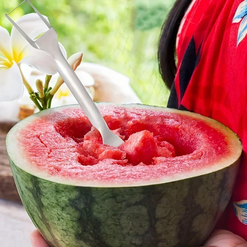 1pc 2-in-1 Creative Watermelon Slicer, Stainless Steel Watermelon Fork, Watermelon Knife, Fruit Divider