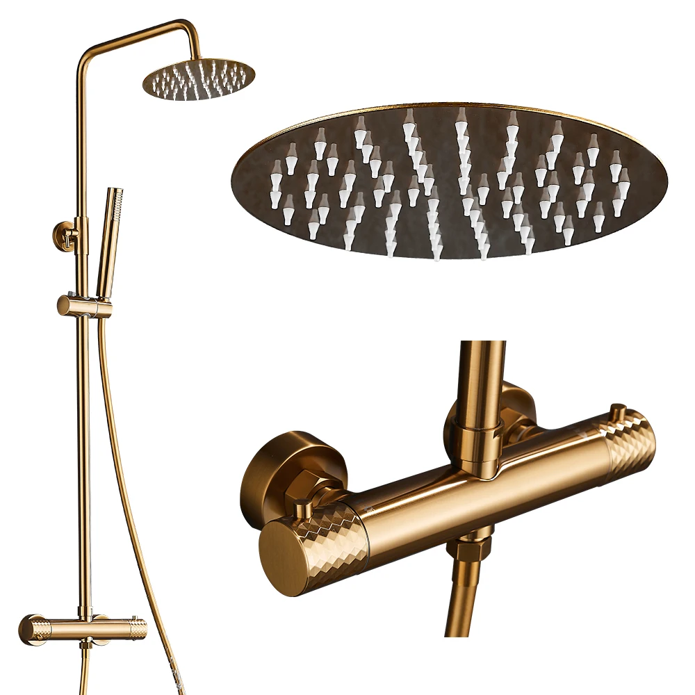 

Brushed Diamond Gold Thermostatic Bathroom Shower Faucet Combo Set Rainfall Head with Handheld Ceiling Wall Mount Taps System