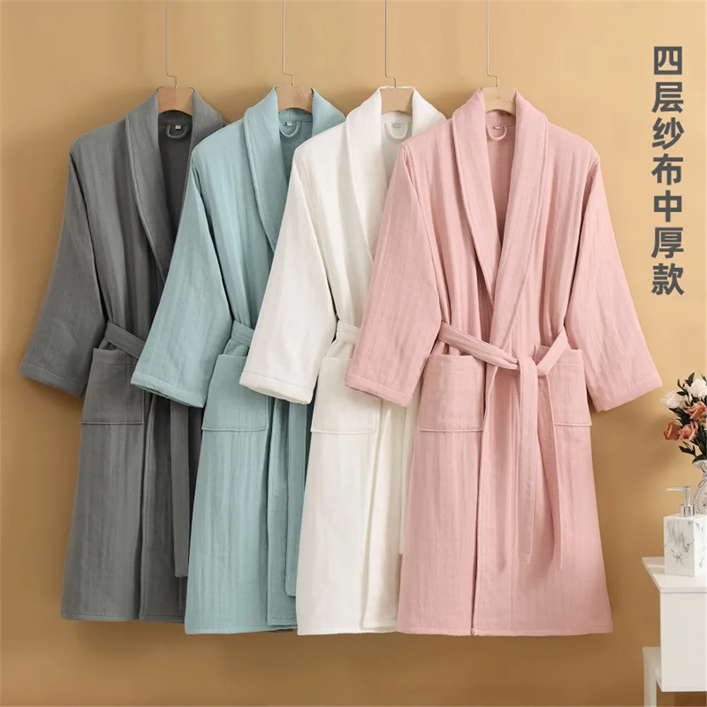 Couples Four Layers Gauze Cotton Sleepwear Kimono Bathrobe Long Sleeve Nightwear With Belt Pocket Men And Women Home Clothes
