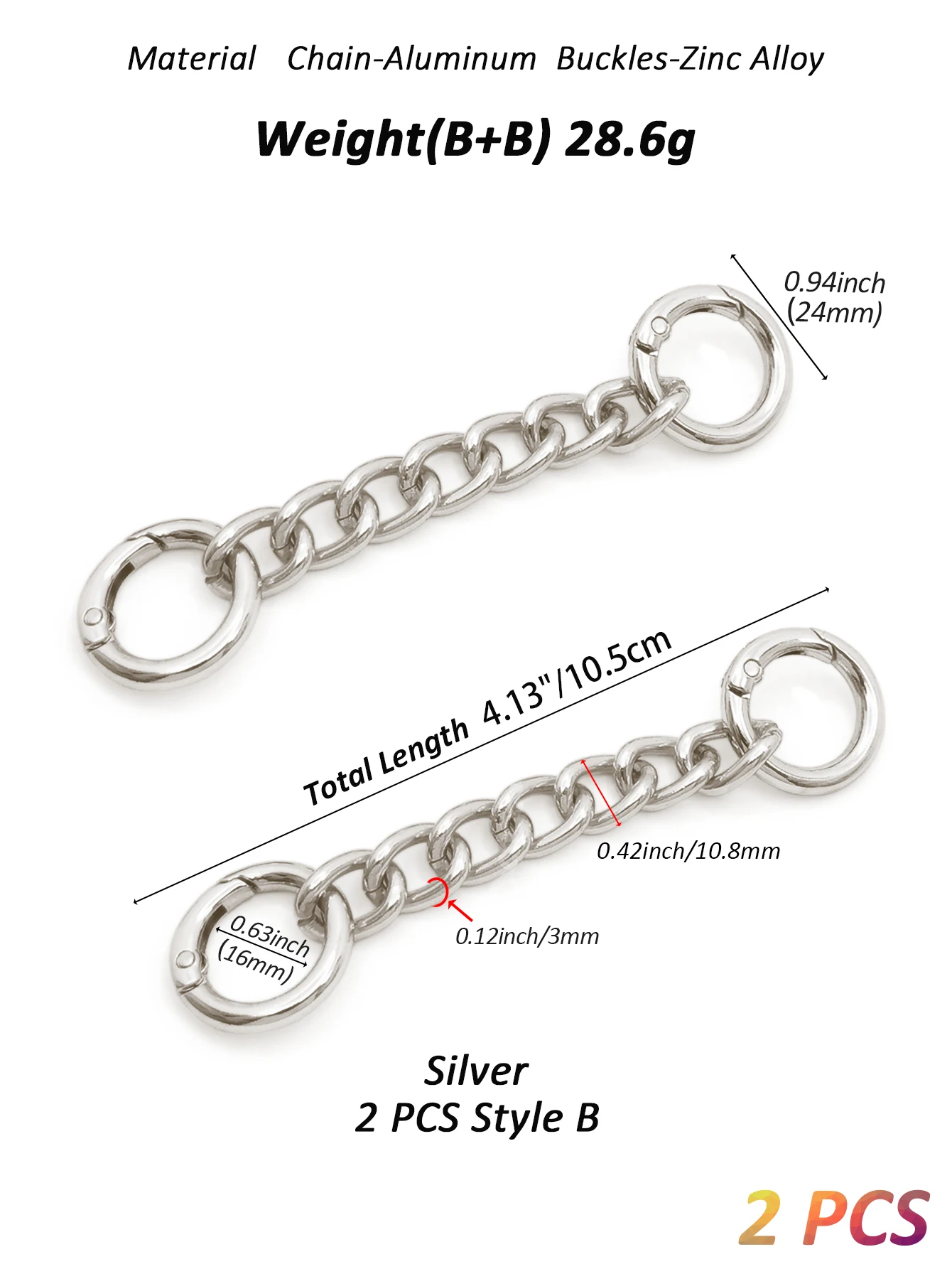 Taschenriemen-Verlängerungsketten aus Metall, 2 Stile Schultertaschenriemen-Verlängerungsketten mit Federringen für Taschenriemen – Detail 6