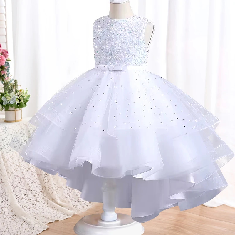 Girls\' Dress 2023 New Sequin Sleeveless Tailed Princess Dress Bowtie Mesh Dress Fashion High end Banquet Host Performance Dress